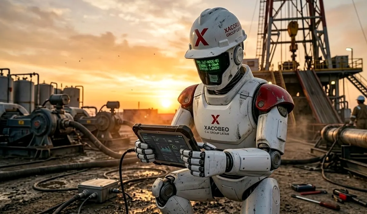 Robot Xacobeo con tablet de diagnóstico en campo petrolero