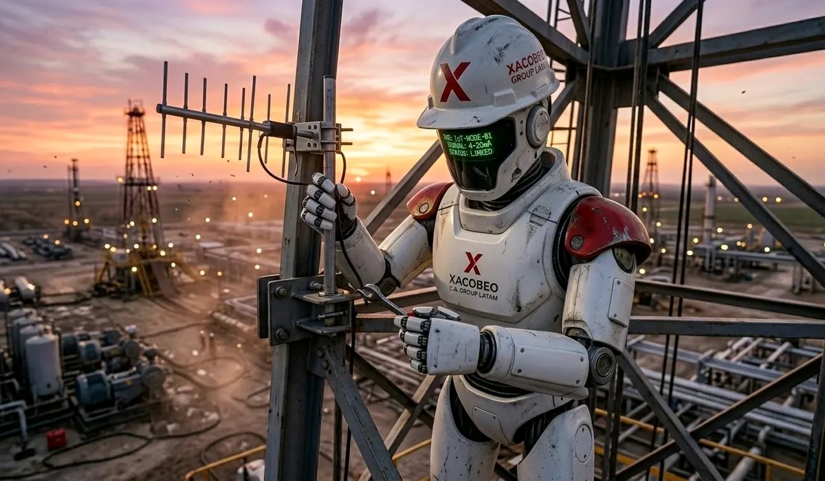 Robot Xacobeo instalando antena LoRaWAN en torre al atardecer